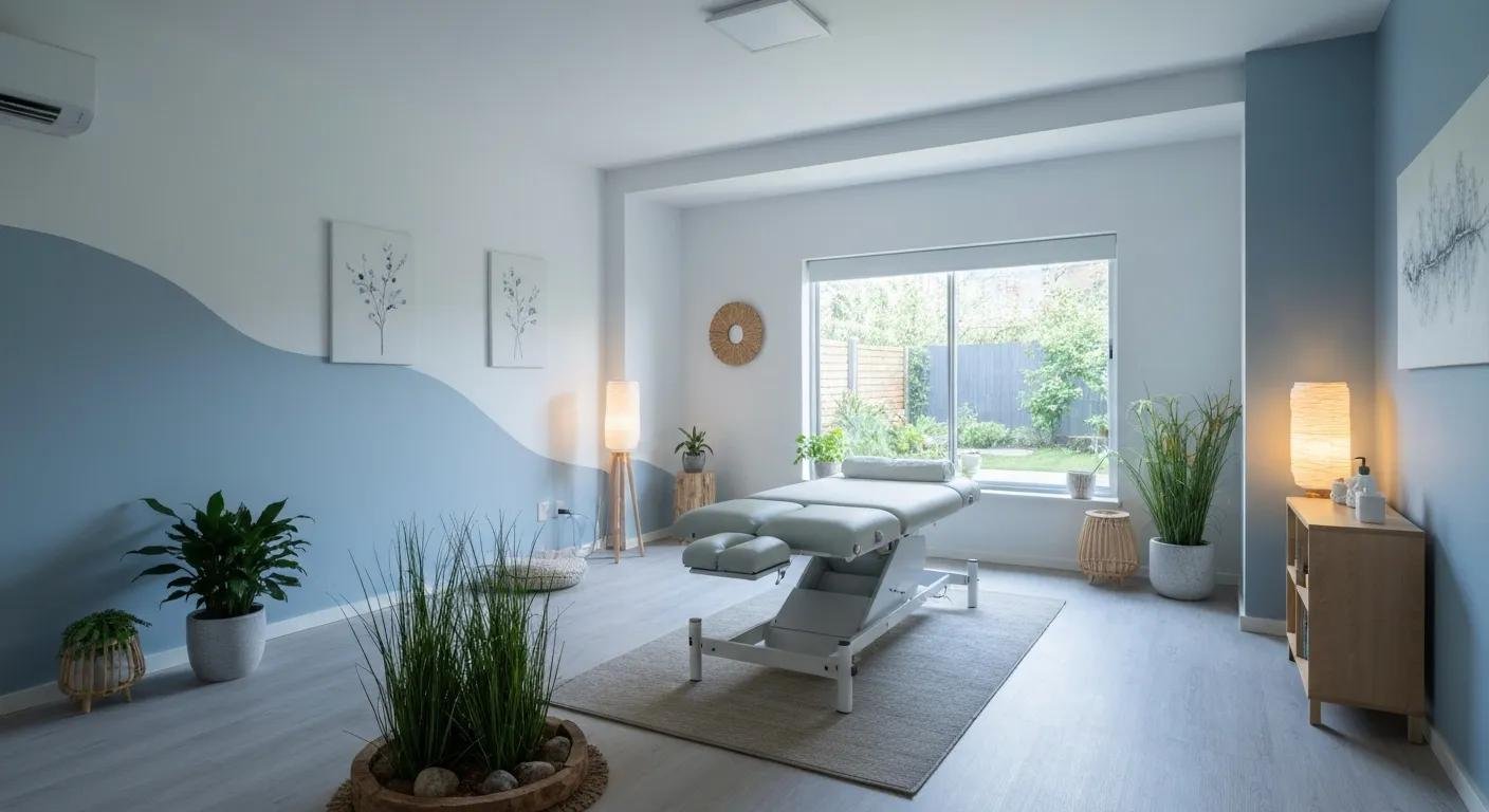 Calm treatment room for chiropractic and acupuncture care