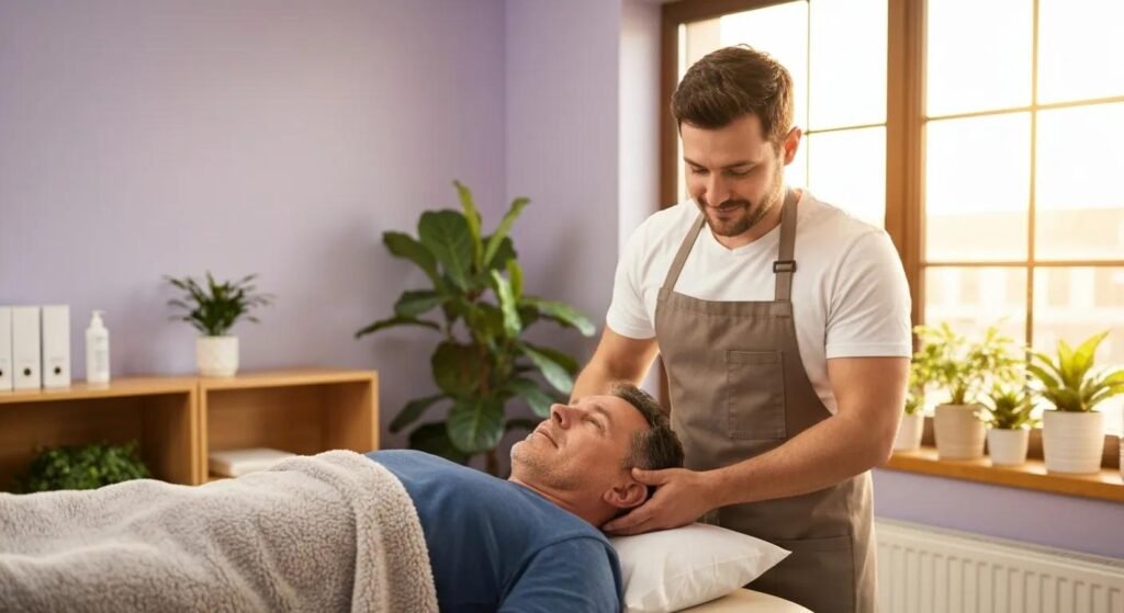 Grapevine chiropractor gently adjusting a patient's neck in a calm clinic environment to relieve pain and restore motion