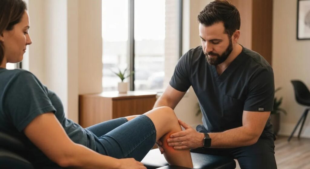 Chiropractor gently adjusting a patient's knee in a calm clinic setting — knee pain relief in Grapevine, TX