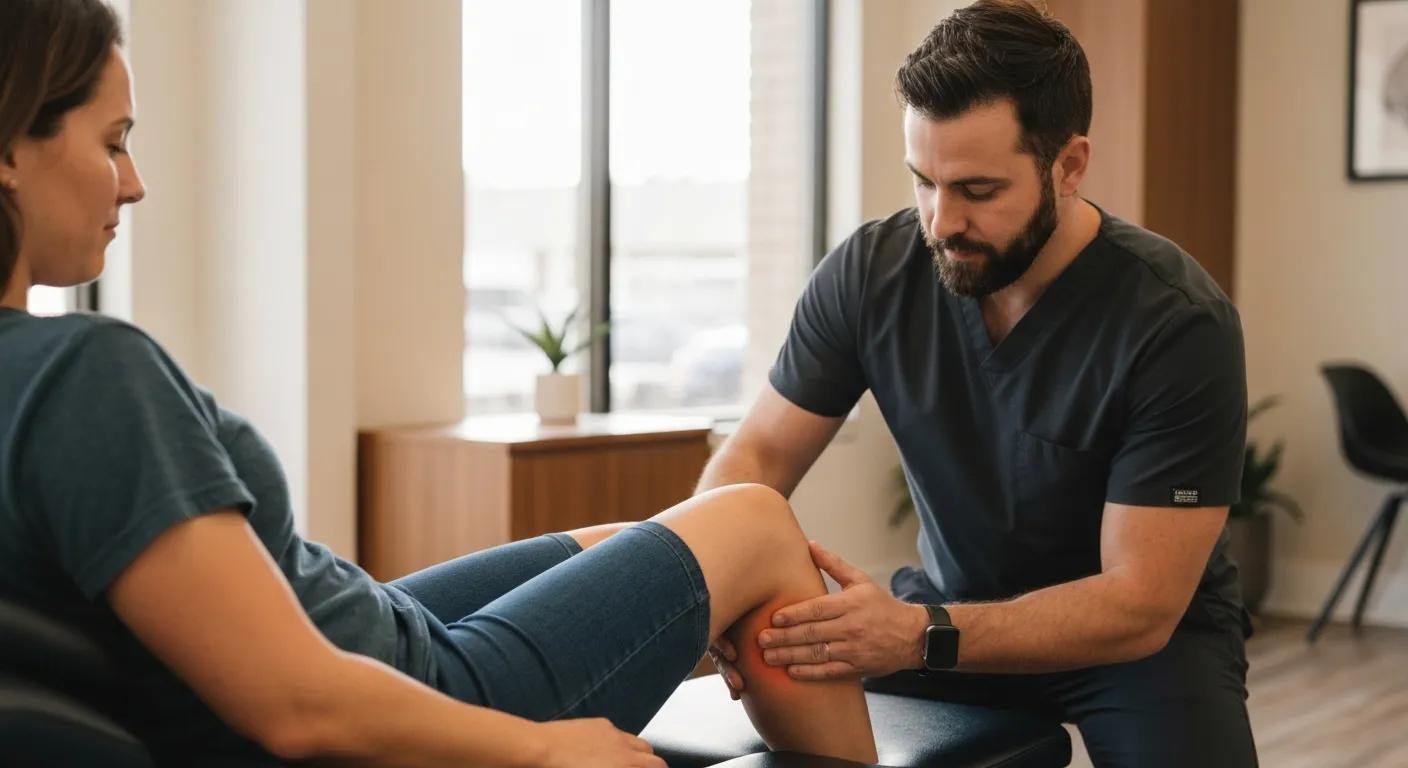 Chiropractor gently adjusting a patient's knee in a calm clinic setting — knee pain relief in Grapevine, TX