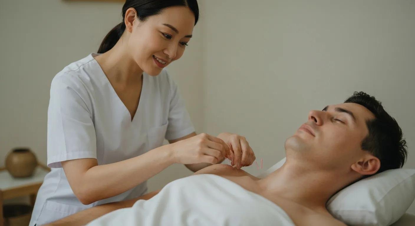 Licensed acupuncturist placing fine needles around the neck and shoulder to ease tension and promote healing