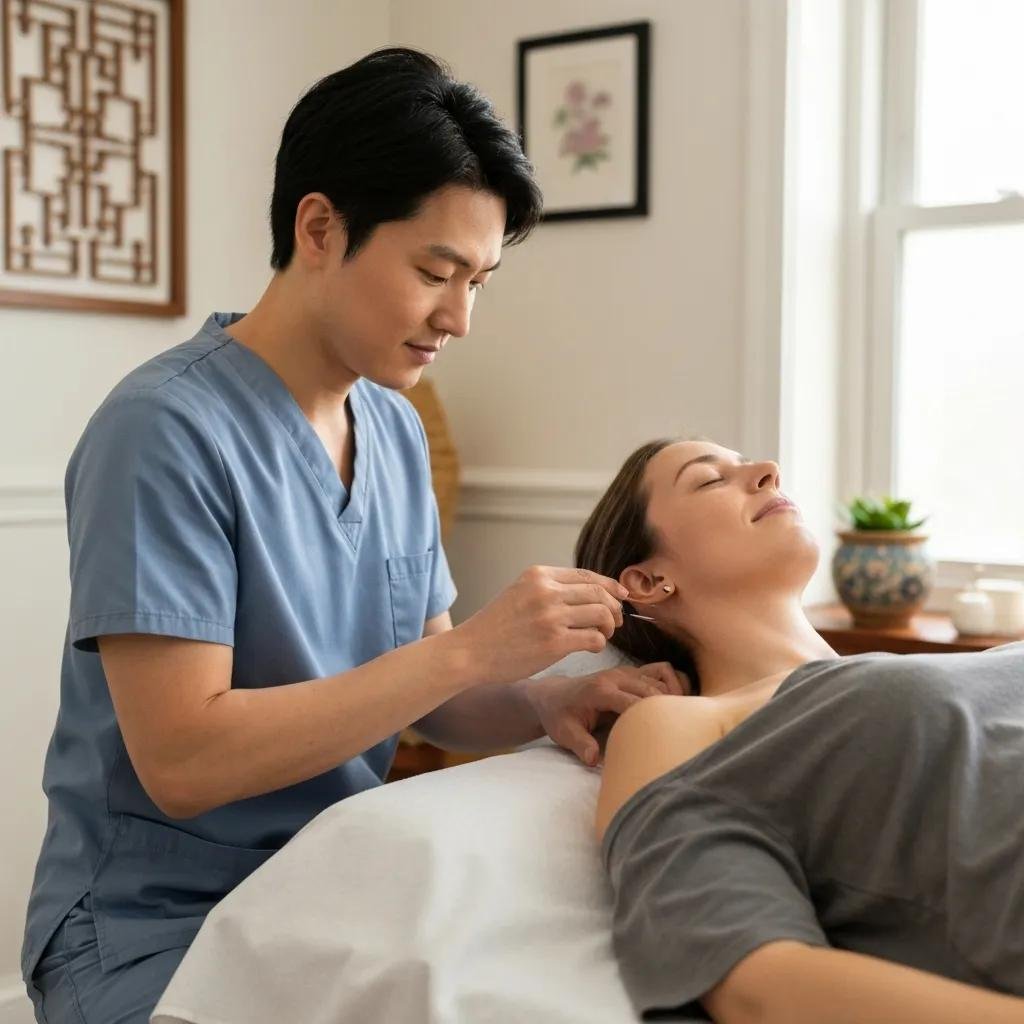 Acupuncture practitioner placing needles near the neck in a peaceful treatment room to ease whiplash-related pain