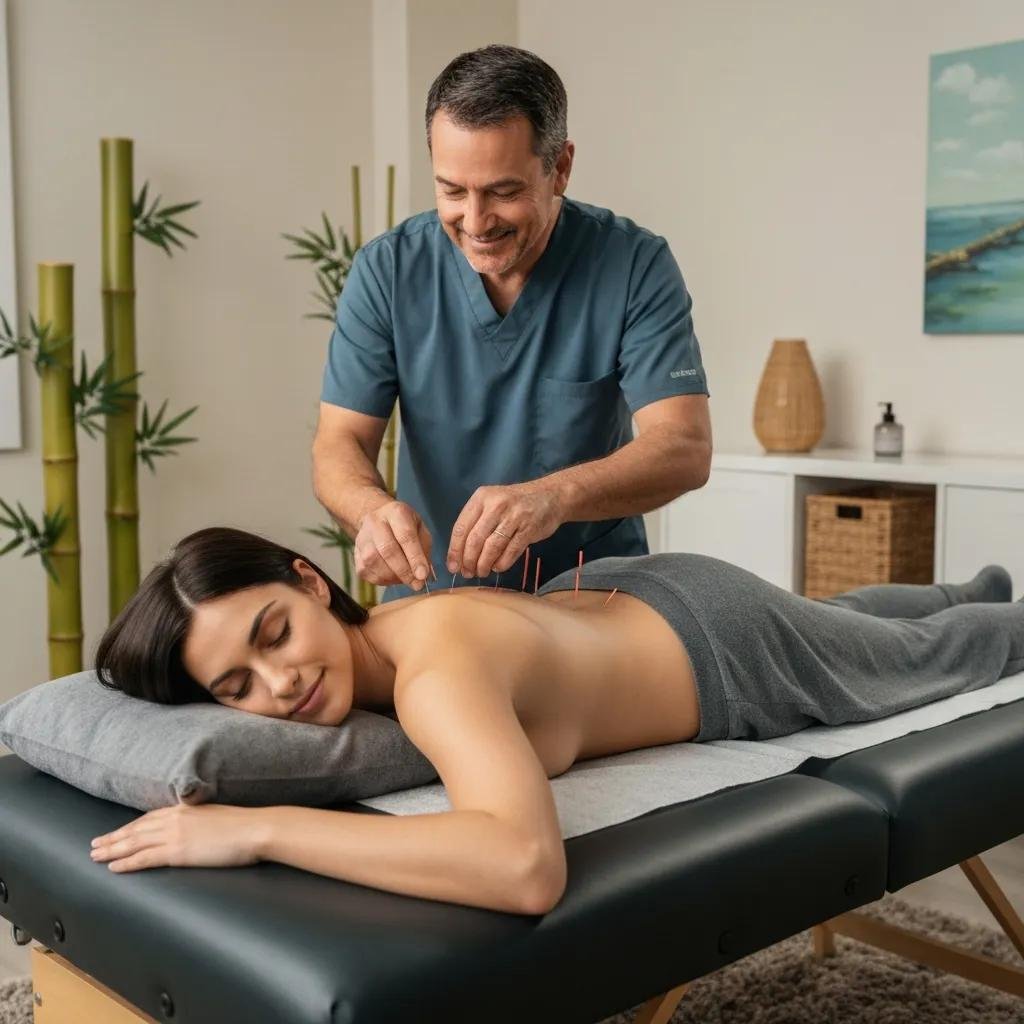 Acupuncture needles placed to complement chiropractic treatment for pain relief