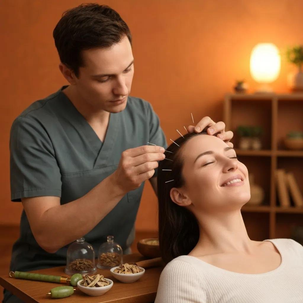 Acupuncturist applying needles for migraine treatment, showcasing a peaceful and therapeutic environment