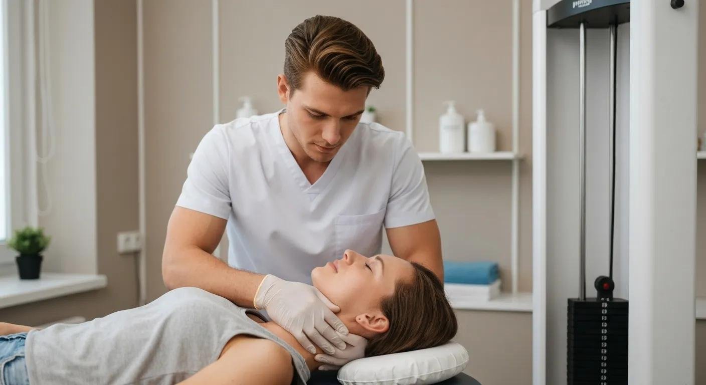 Clinician performing a controlled cervical adjustment to improve neck mobility and ease pain