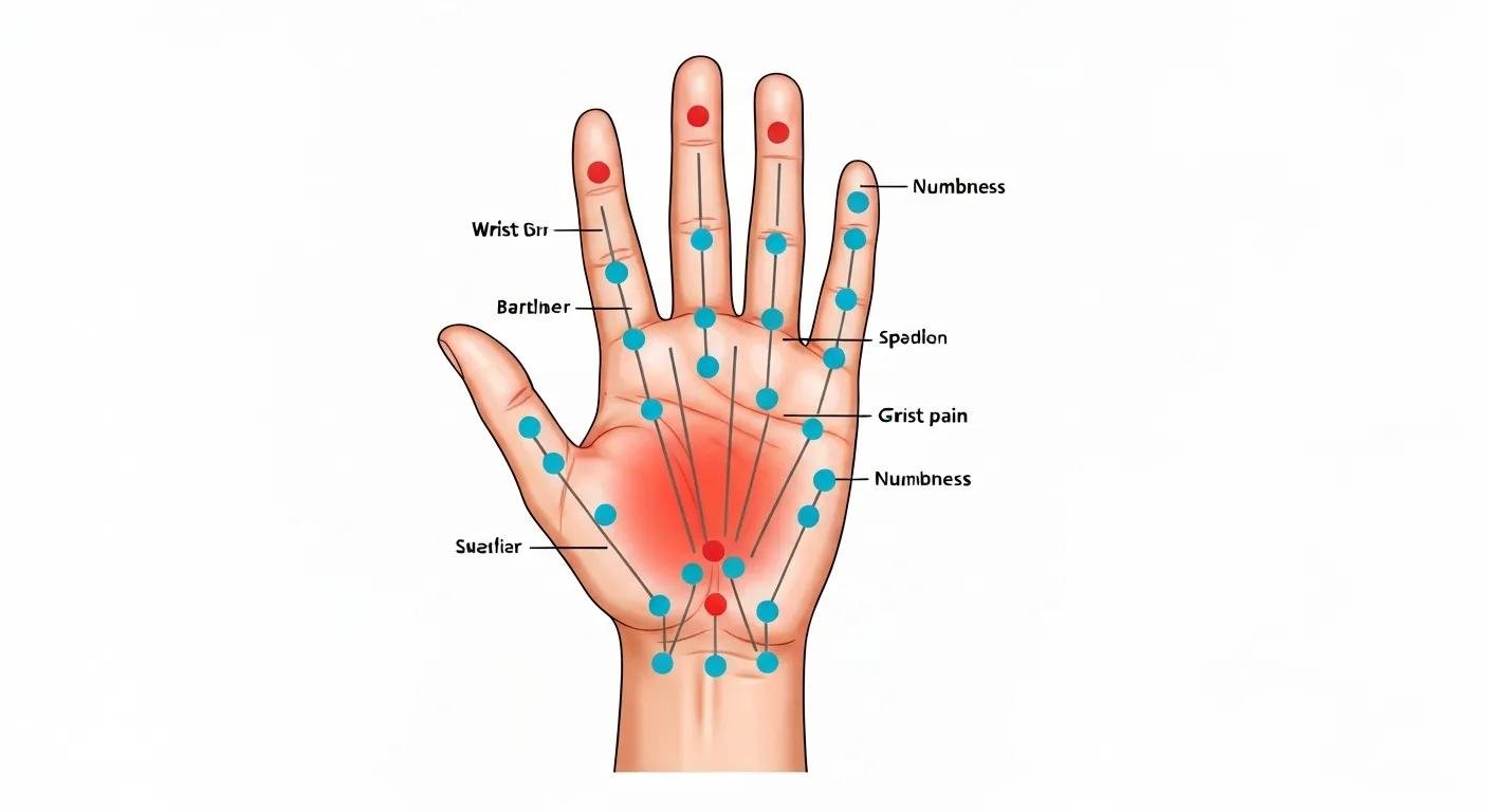 Diagram showing acupuncture points on the hand used to manage wrist pain and numbness