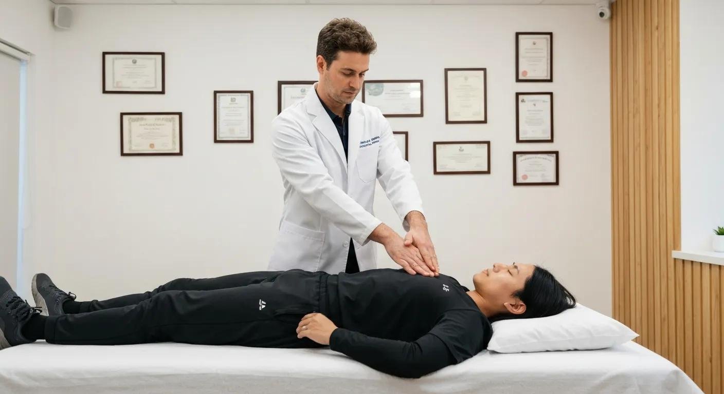 Chiropractor demonstrating a shoulder mobilization technique with a patient