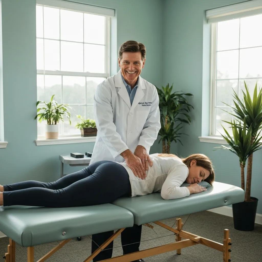 Provider gently adjusting a patient's back in a calm clinic setting