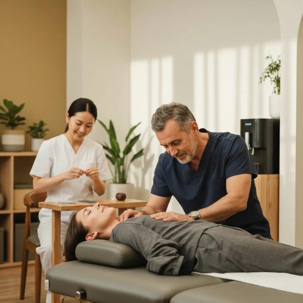 Chiropractor adjusting a patient's neck in a calm clinic, demonstrating holistic headache relief