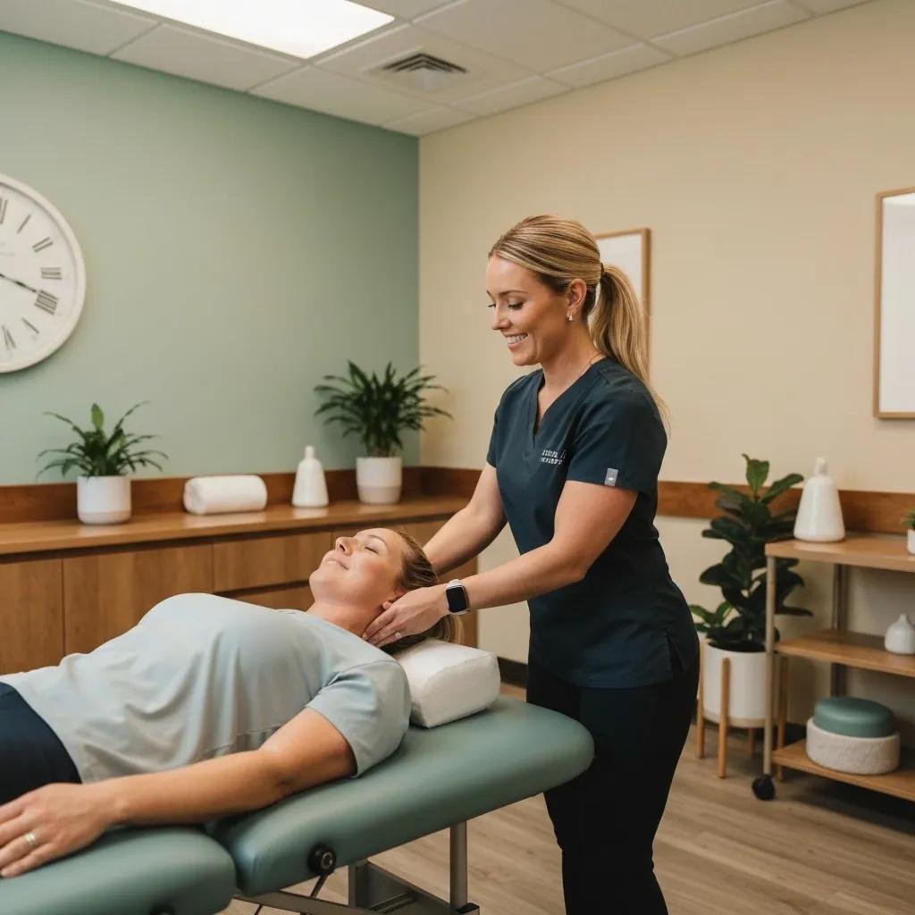 Chiropractor adjusting a patient's neck in a calming clinic environment, emphasizing natural whiplash recovery