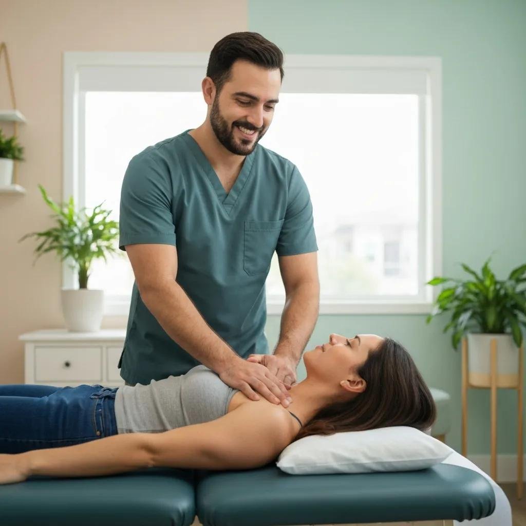 Chiropractor gently adjusting a patient's shoulder in our calming Grapevine clinic