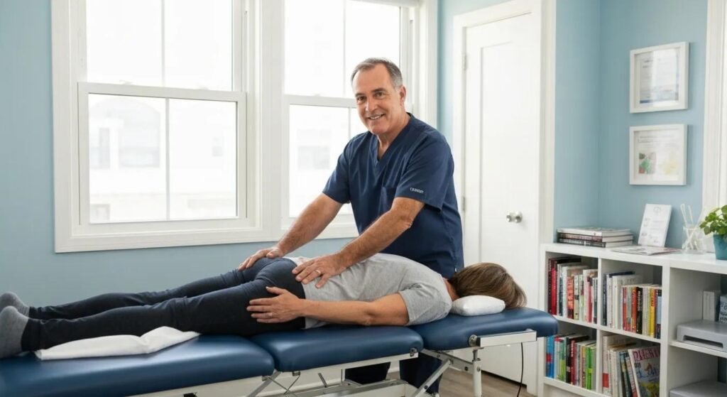 Chiropractor gently adjusting a patient's back in a calm clinic setting
