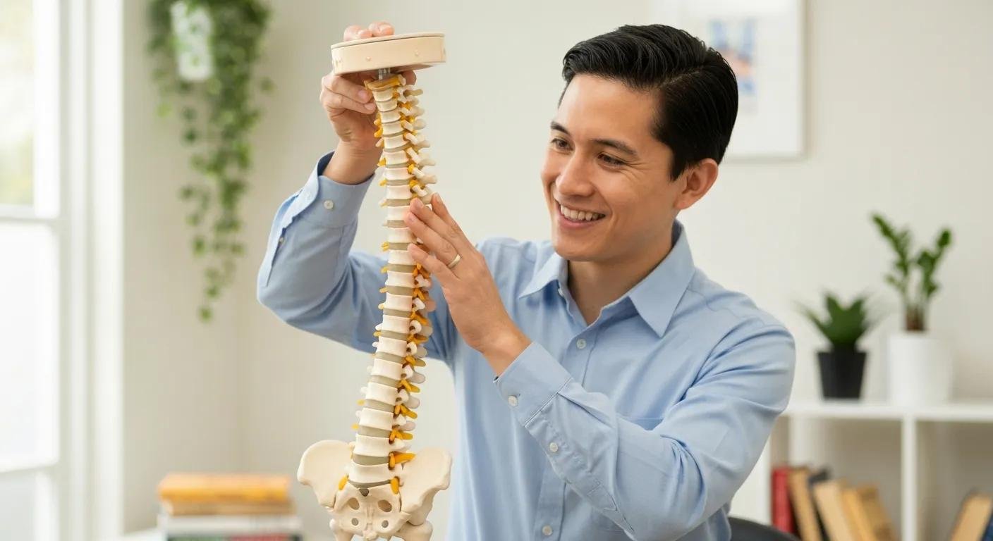 Chiropractor demonstrating techniques on a model spine, illustrating the relationship between chiropractic care and headache types