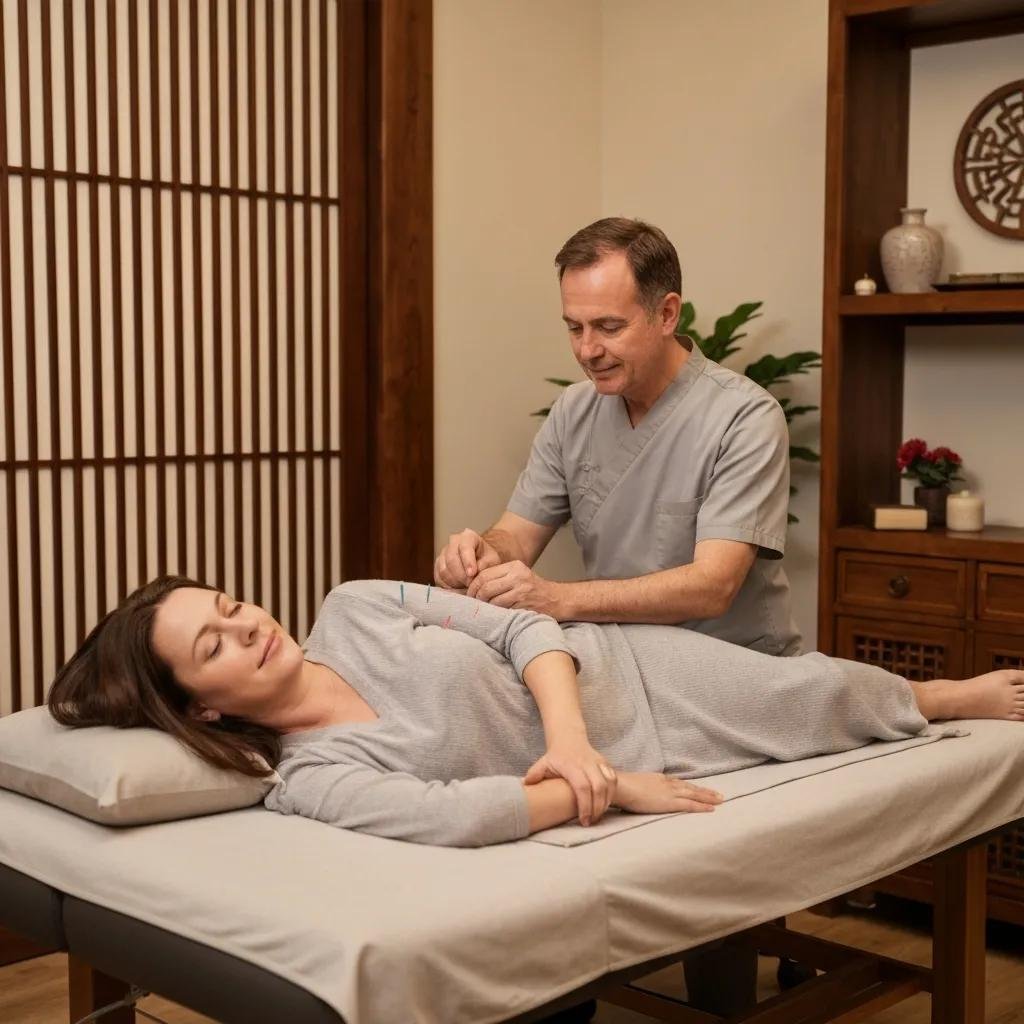 Patient receiving acupuncture for shoulder pain in a tranquil treatment room